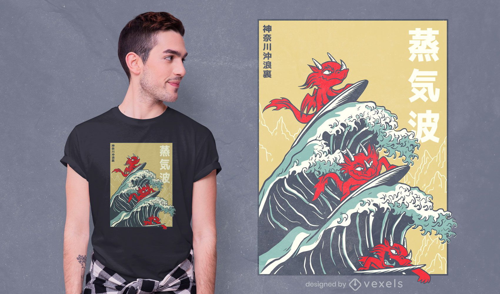 Dragones surfeando diseño de camiseta japonesa.