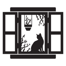 Escena de planta de gato de ventana abierta rectangular Diseño PNG
