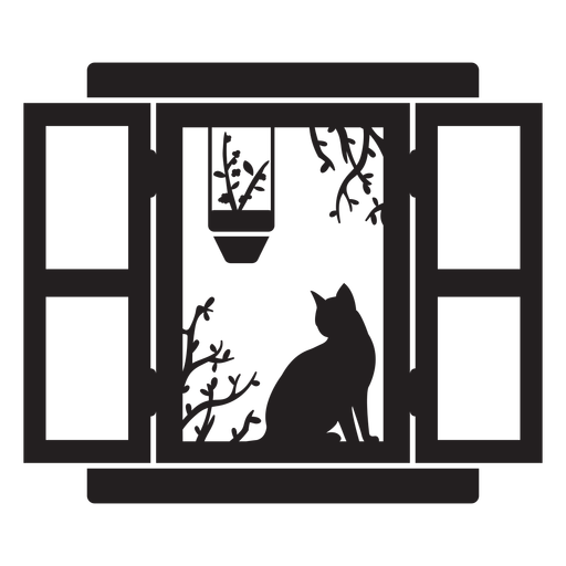 Rectangular open window cat plant scene PNG Design