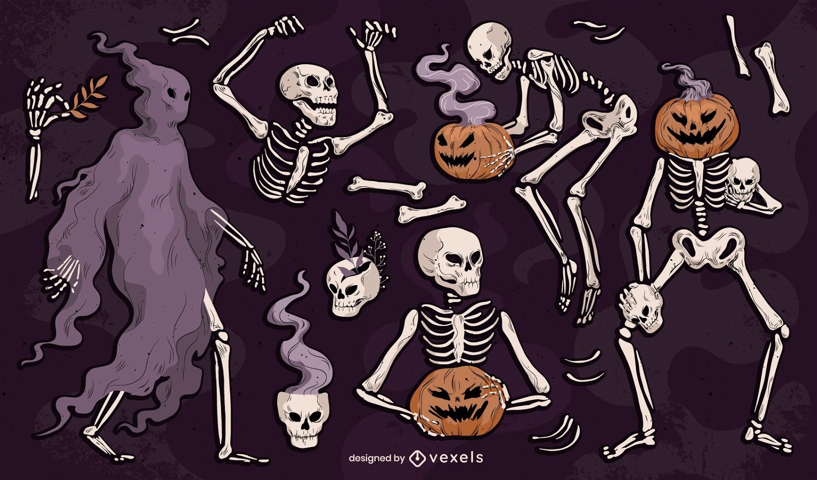 Paquete ilustrado de esqueletos de Halloween