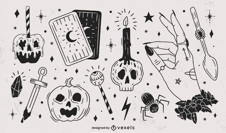 Pacote de elementos pretos desenhados à mão para Halloween