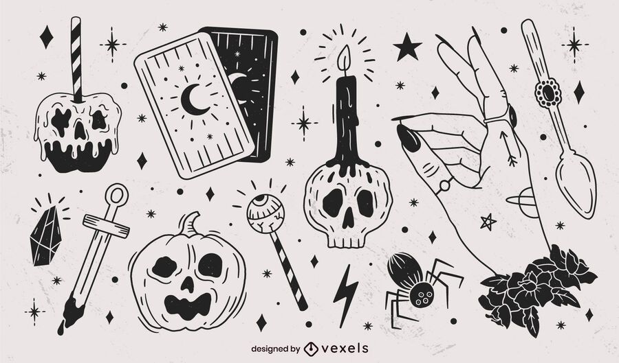 Paquete de elementos negros de Halloween dibujados a mano Paquete de elementos negros de Halloween dibujados a mano