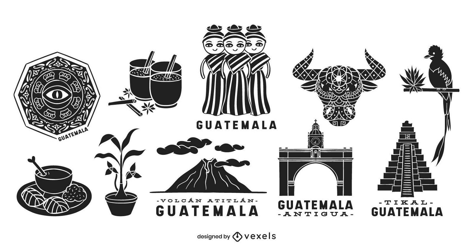 Conjunto de silhueta de elementos da Guatemala