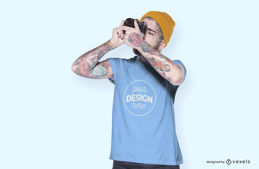 Diseño de maqueta de camiseta de cámara modelo masculino Diseño de maqueta de camiseta de cámara modelo masculino