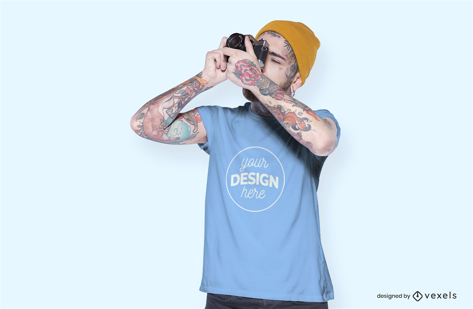 Male model camera t-shirt mockup design