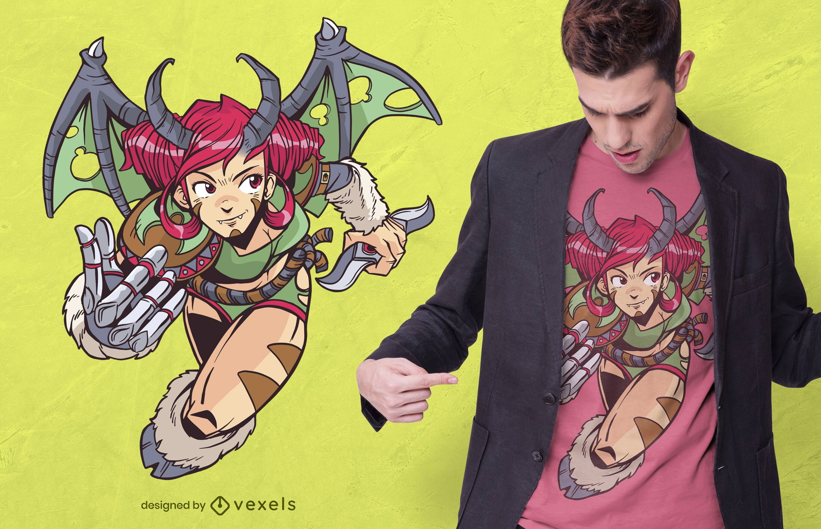 Design de camiseta de anime de garota demônio guerreira