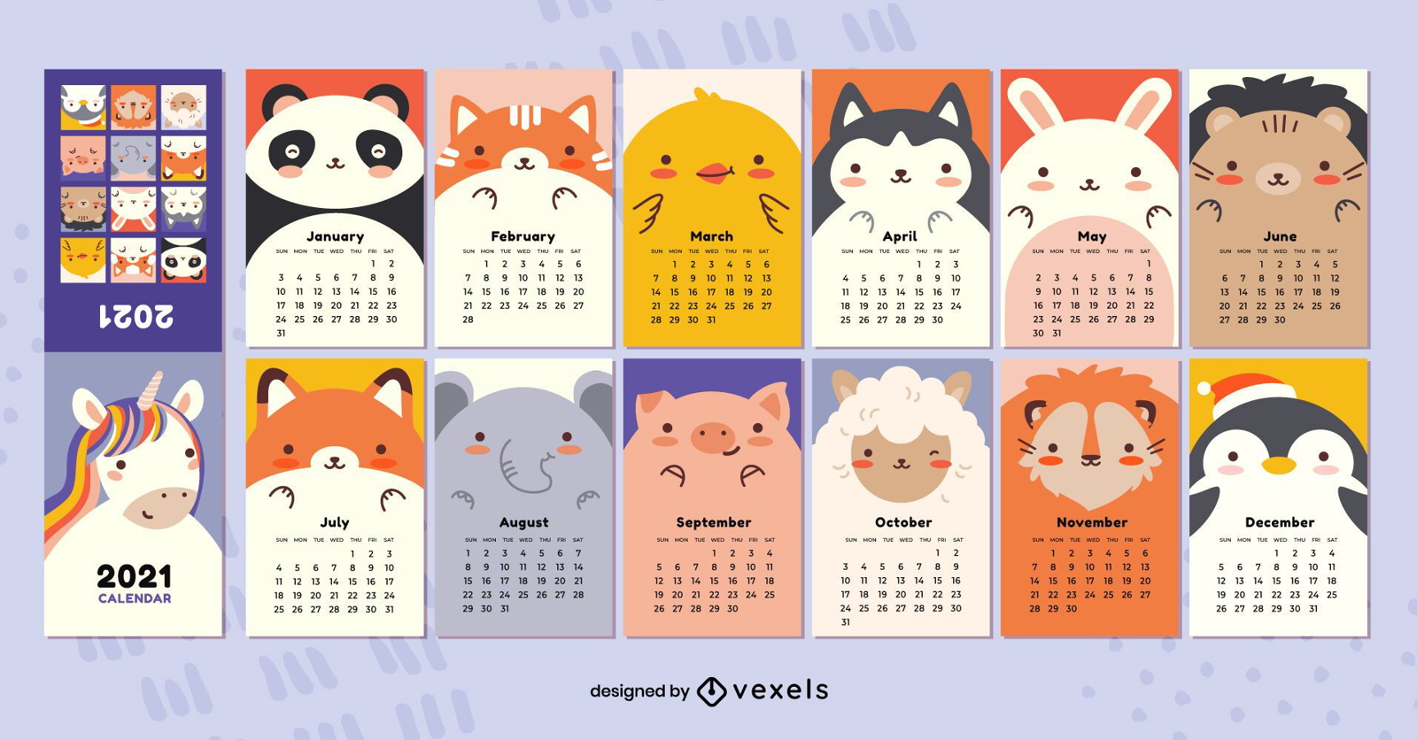 Design do calendário Kawaii Animals 2021