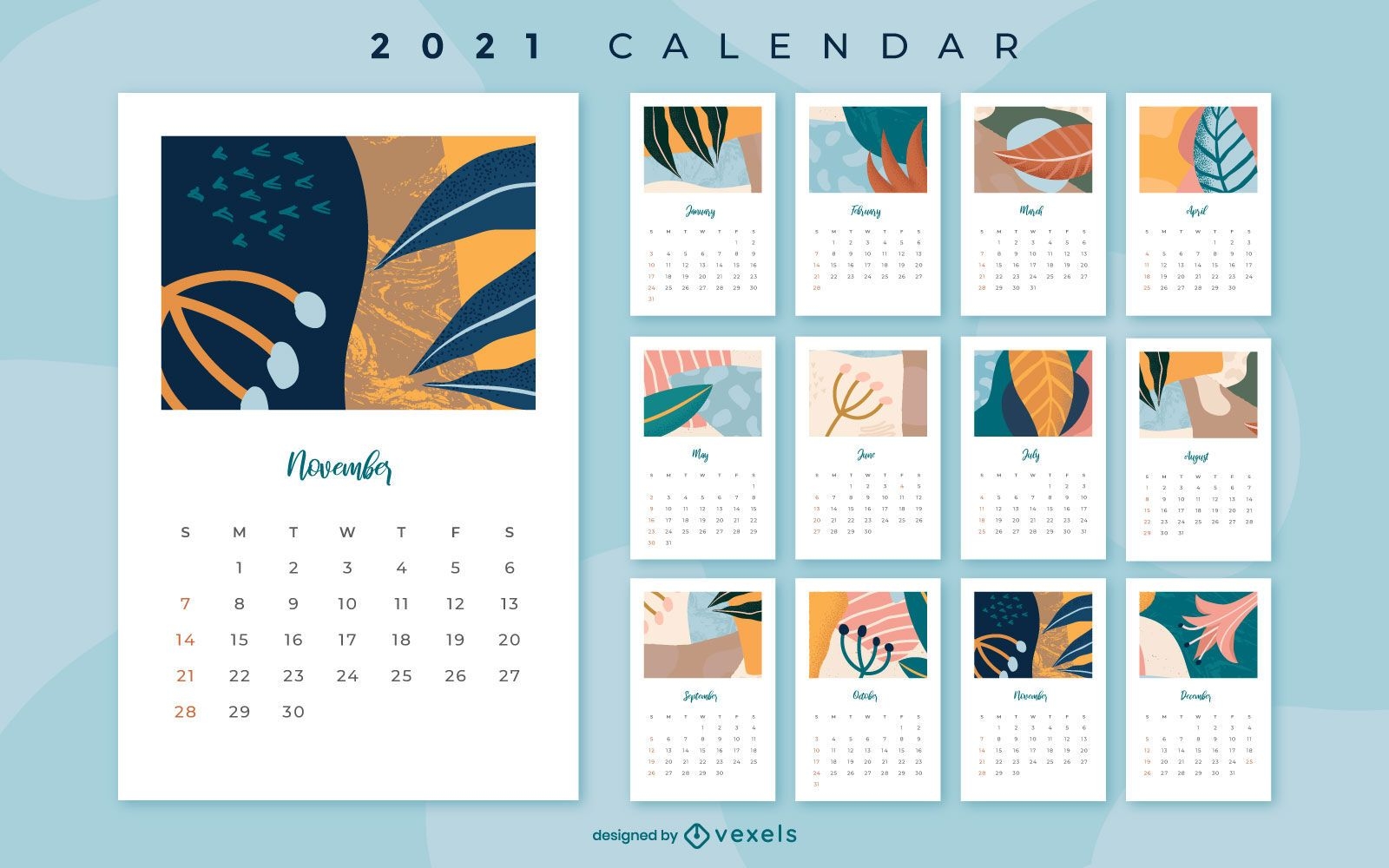 Diseño floral abstracto del calendario 2021