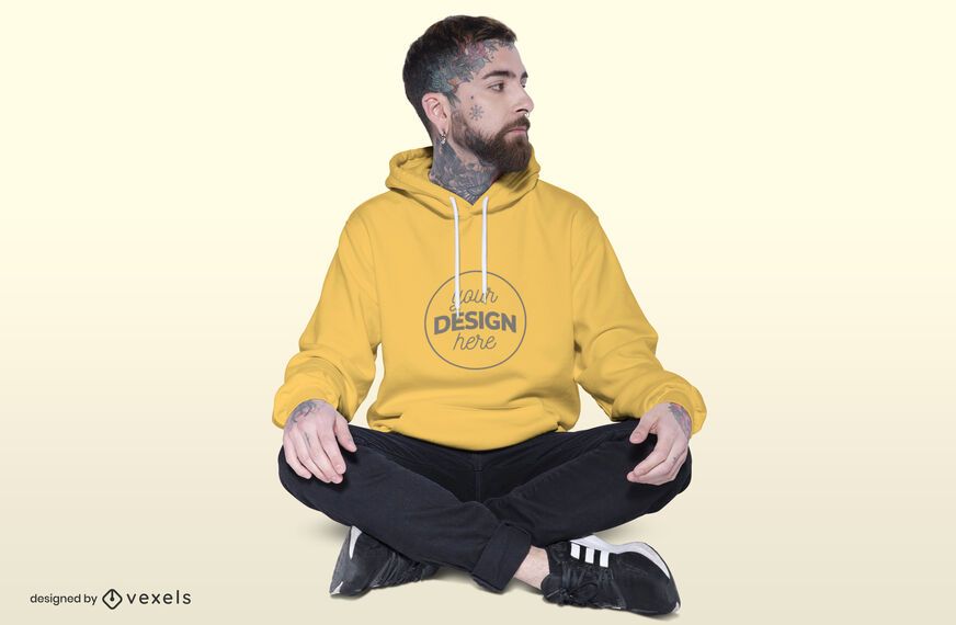 Maqueta de sudadera con capucha modelo sentado Maqueta de sudadera con capucha modelo sentado