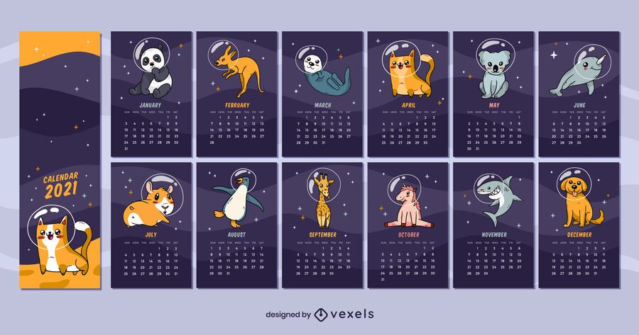 Space animals 2021 calendar design Space animals 2021 calendar design