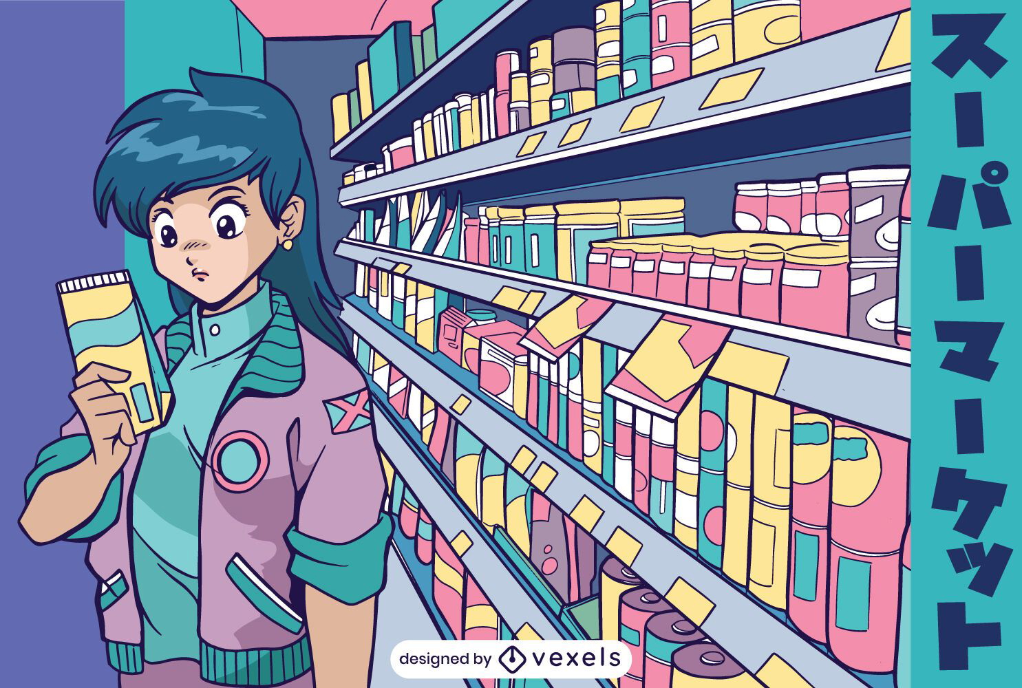 Ilustração de anime girl em supermercado