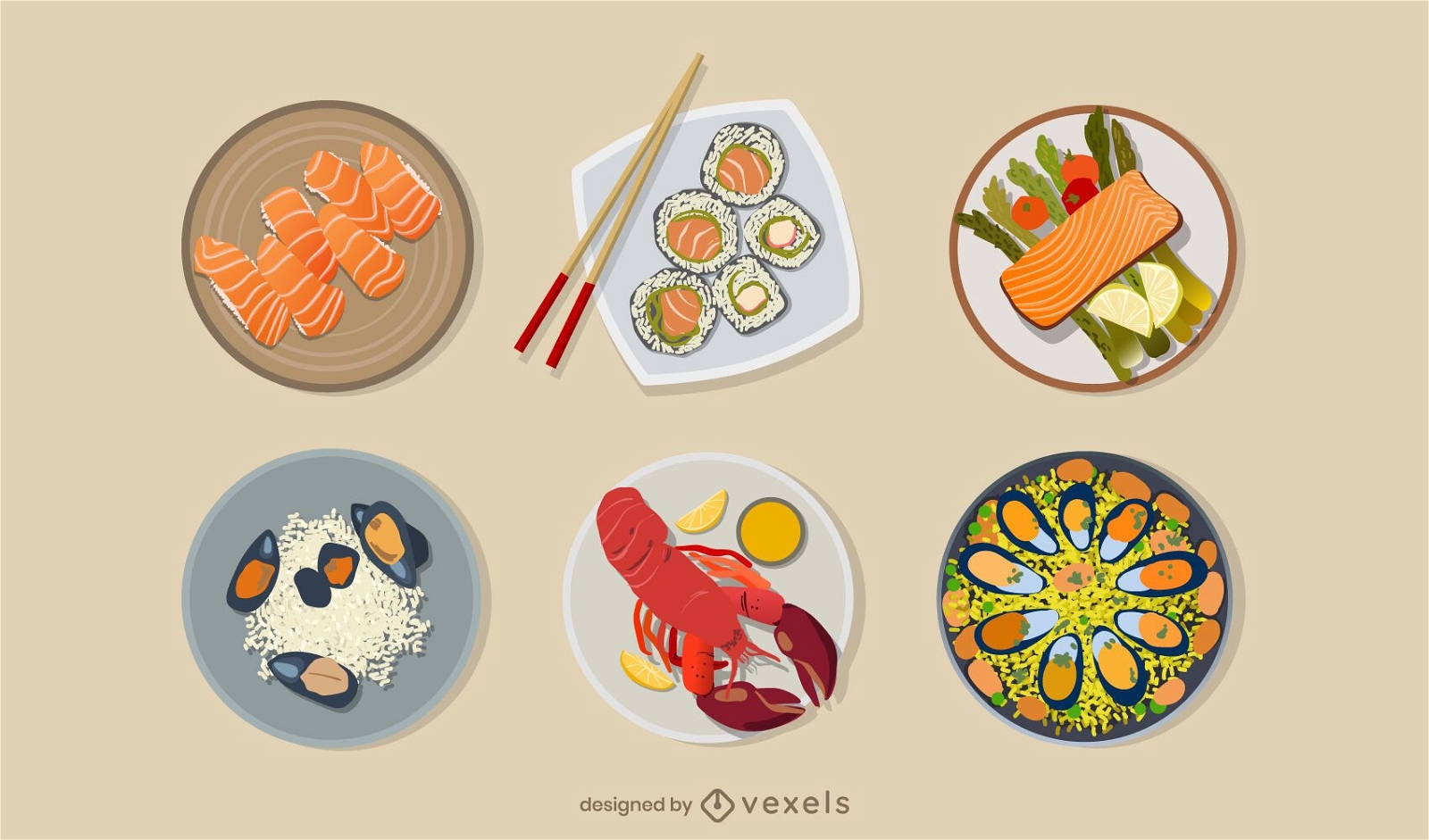 Conjunto de ilustração de refeições de frutos do mar