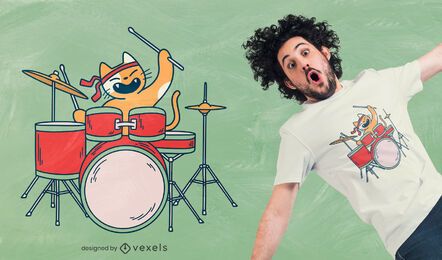 Diseño de camiseta de gato baterista