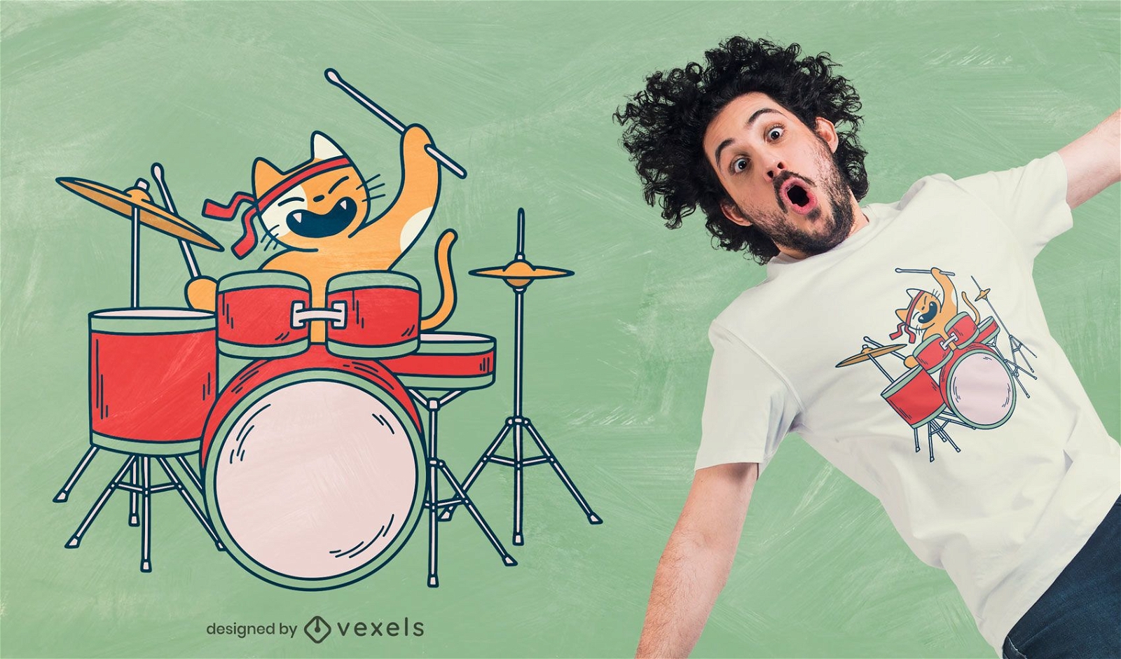 Design de camiseta de gato baterista