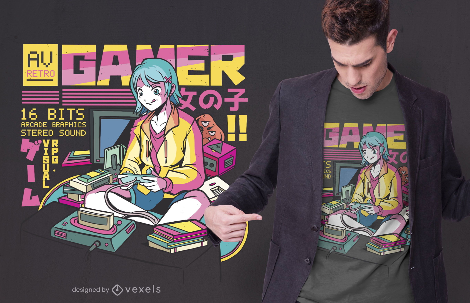 Dise?o de camiseta de anime gamer girl
