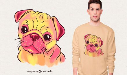 Diseño de camiseta de retrato de pug de pintura de acuarela