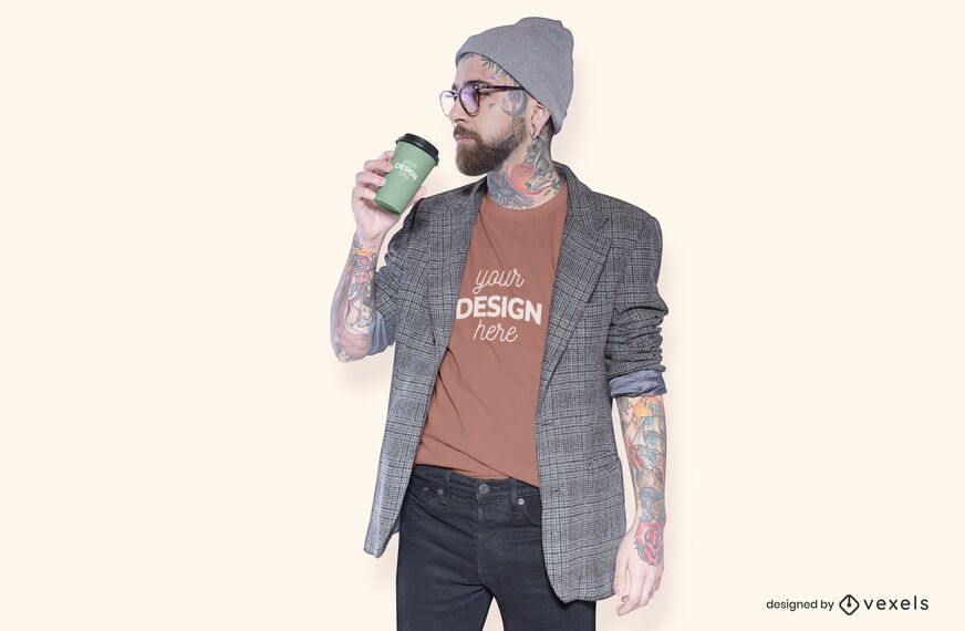 Model with coffee t-shirt mockup design Model with coffee t-shirt mockup design