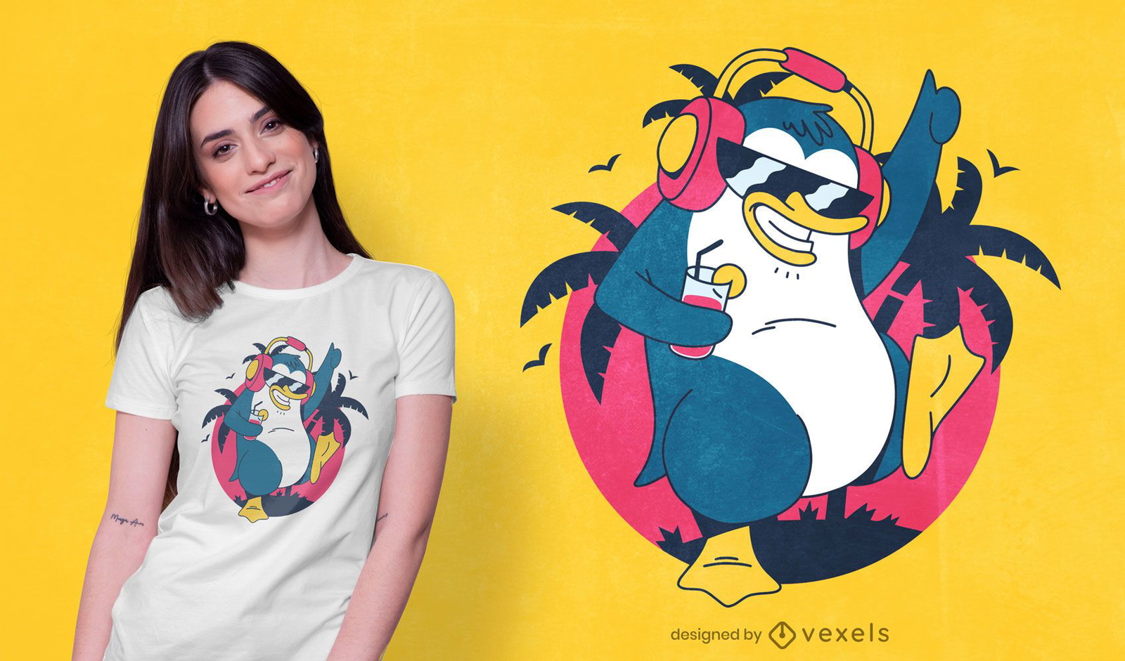 Diseño de camiseta de pingüino tropical bailando.