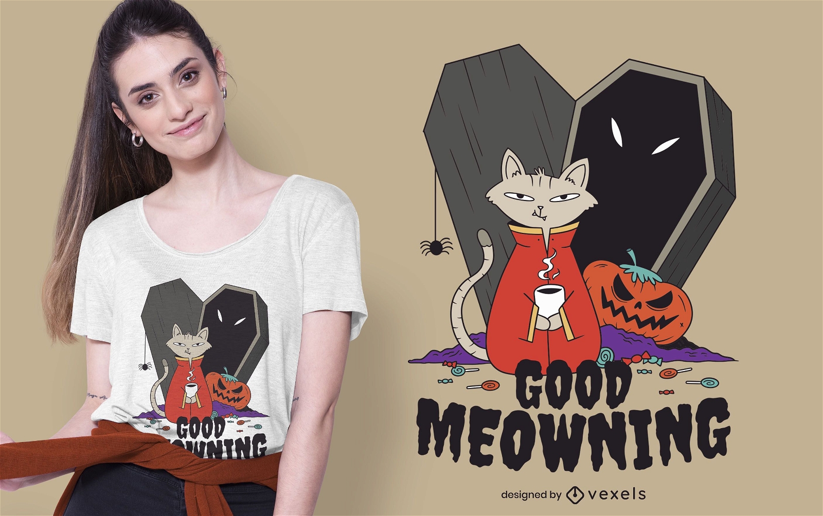 Coffee Halloween Cat T-shirt Design