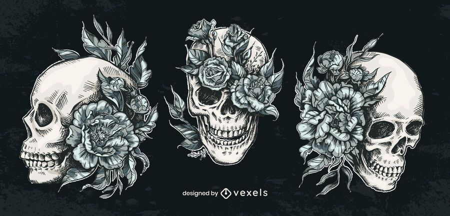 Hand drawn skull flower set Hand drawn skull flower set