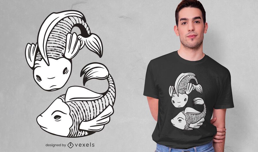Diseño de camiseta de piscis en blanco y negro. Diseño de camiseta de piscis en blanco y negro.
