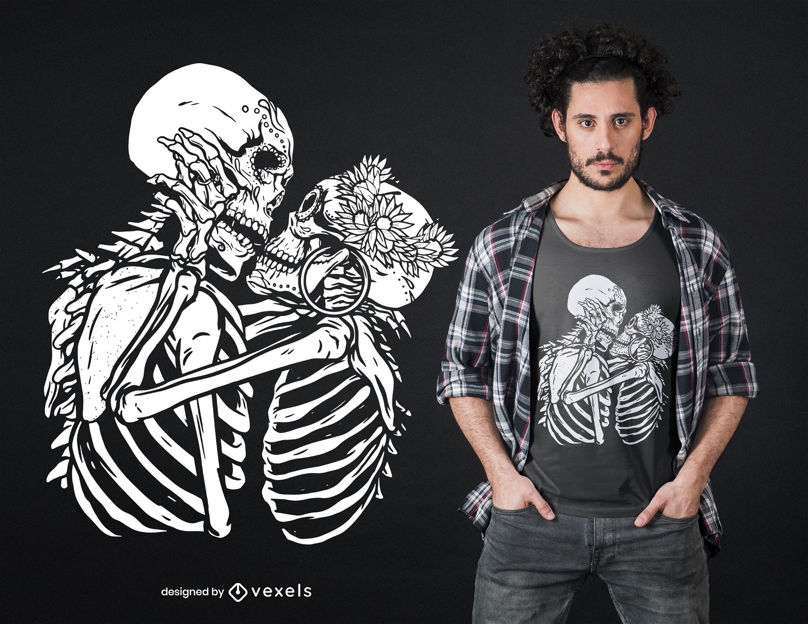 Design de camisetas de esqueletos beijando