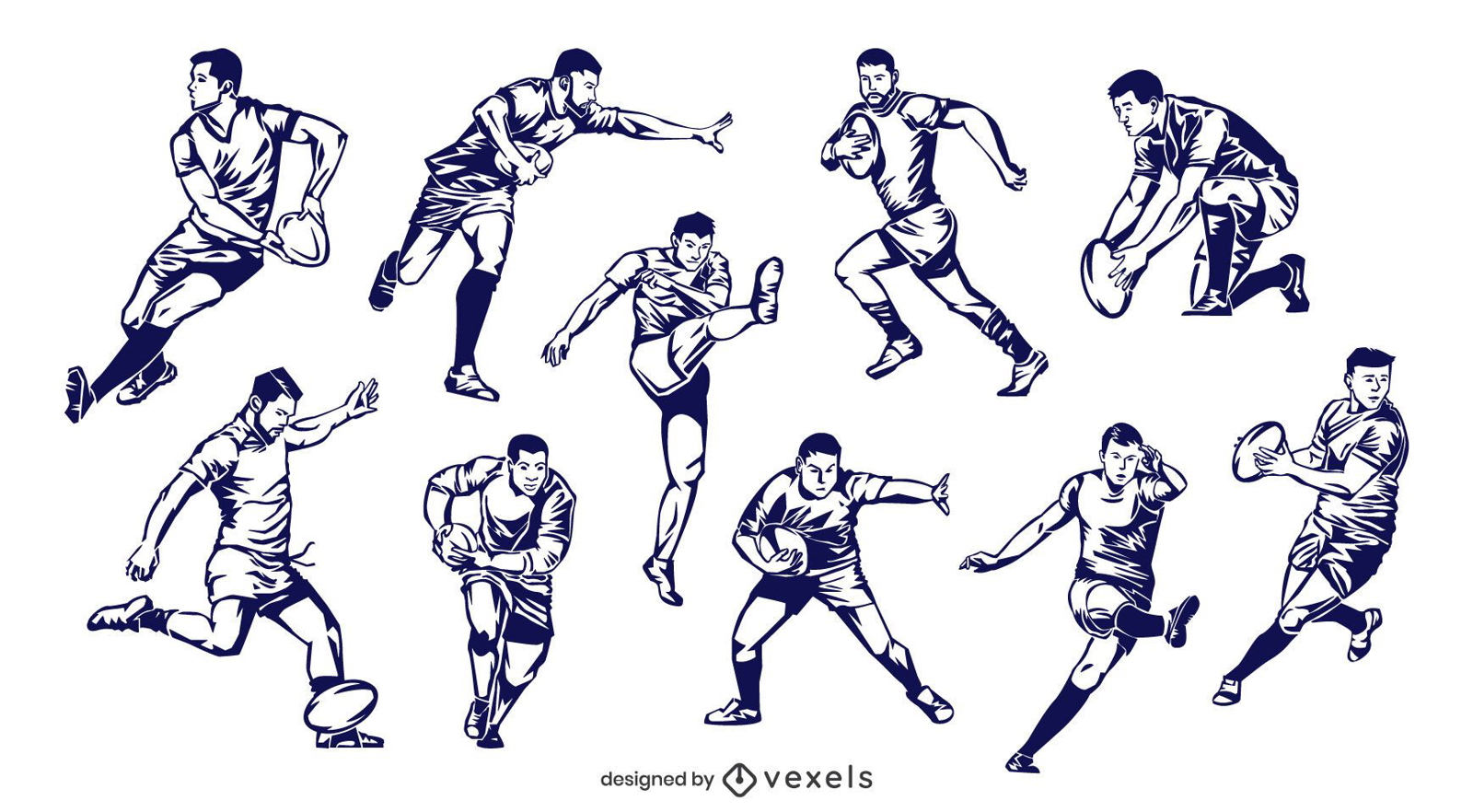 Conjunto de jogadores de rúgbi desenhados à mão