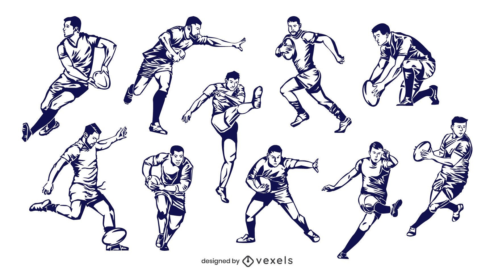 Conjunto de jugadores de rugby dibujados a mano