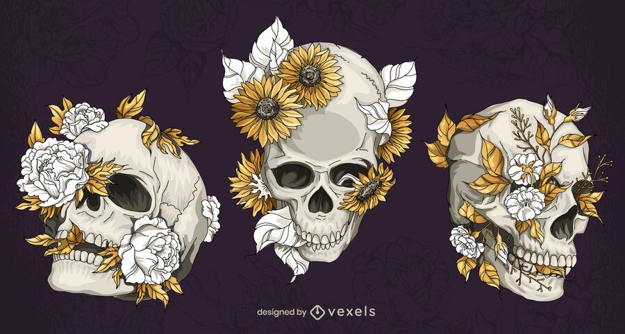 Floral skulls hand drawn set Floral skulls hand drawn set