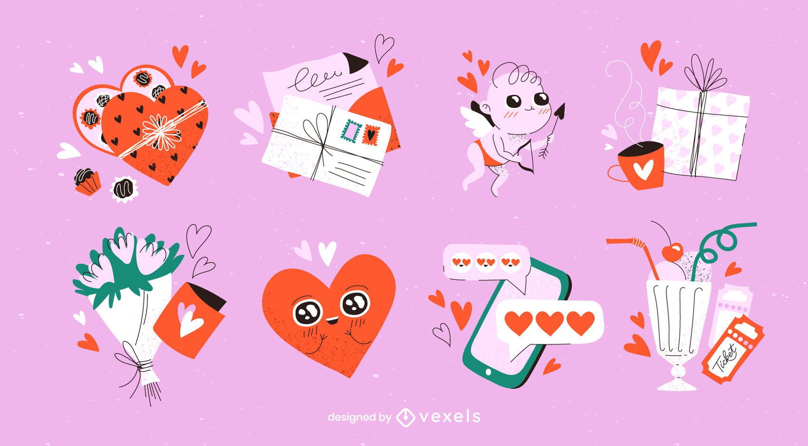 Valentine's day kawaii elements set