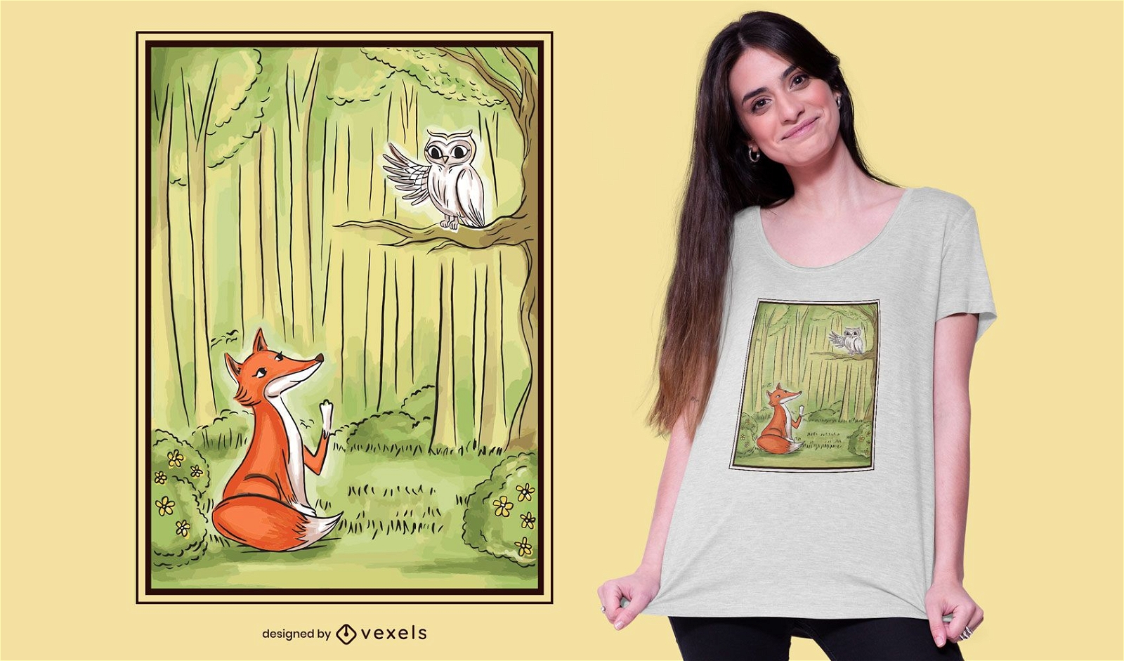 Design ilustrado de camisetas Fox e Owl