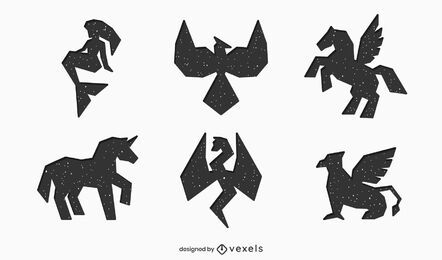 Conjunto de silhuetas geométricas de criaturas míticas