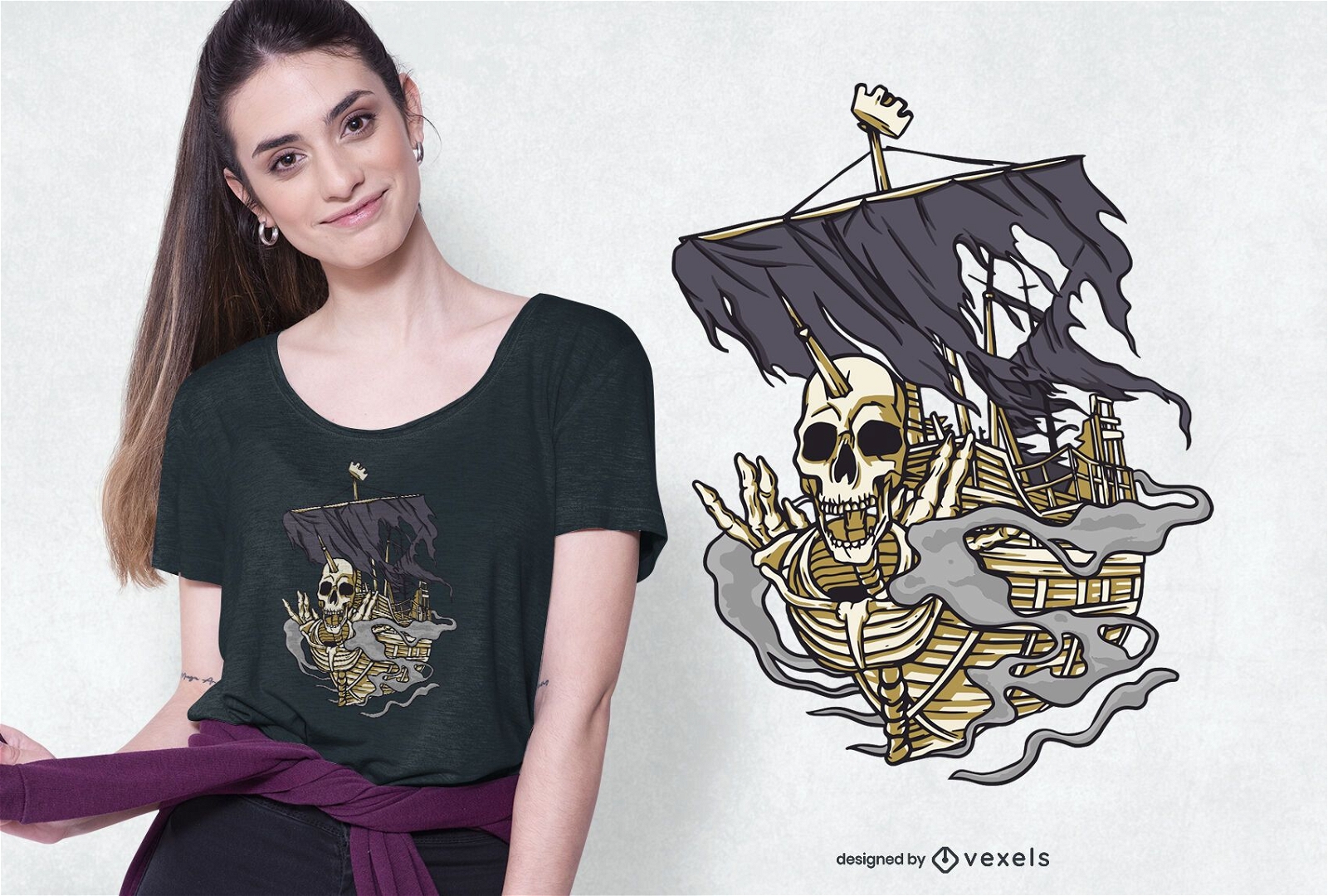 Design de t-shirt de navio pirata com caveira