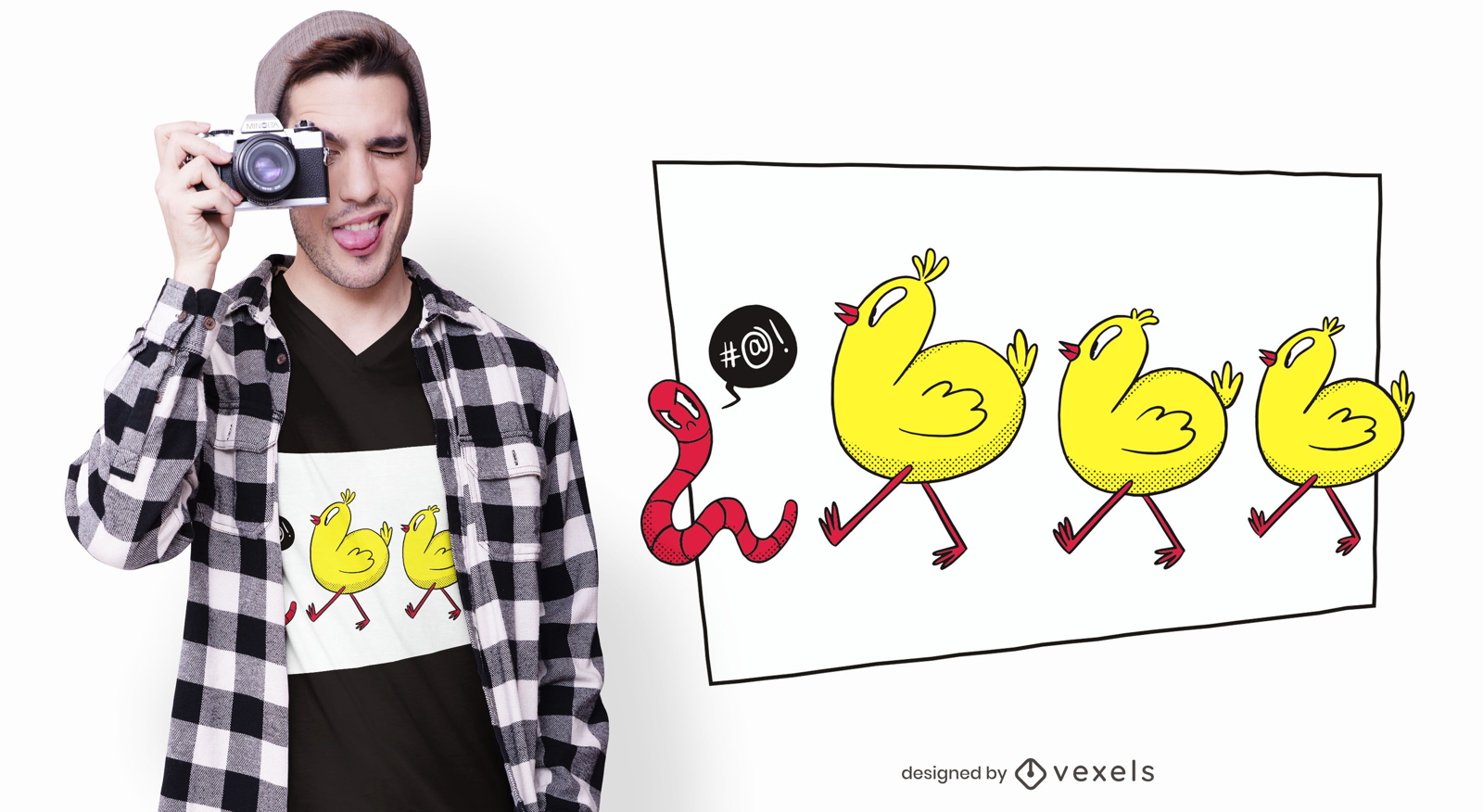Diseño de camiseta de pollitos y gusanos.