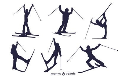 Conjunto de silueta de esquiadores