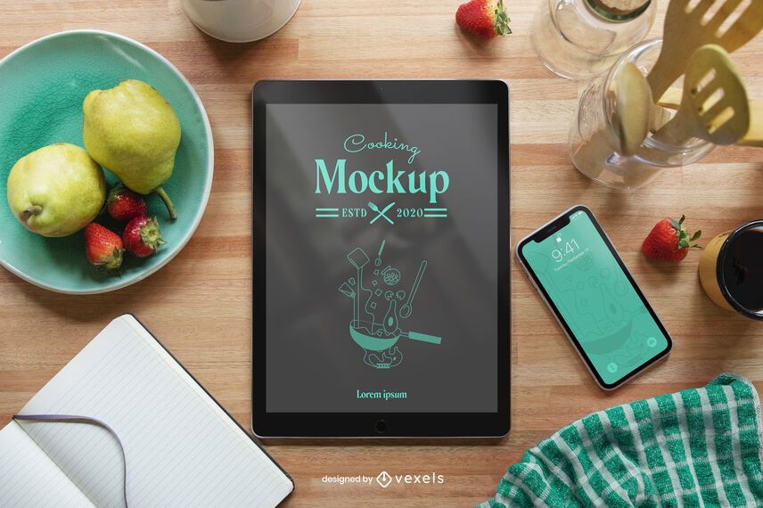 Tablet cooking mockup composition Tablet cooking mockup composition