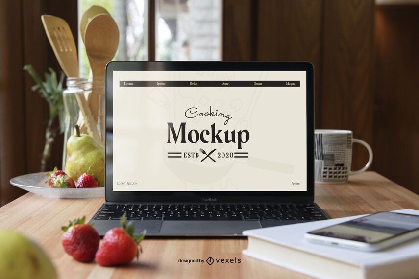 Download Laptop Cooking Mockup Composition - PSD Mockup Download