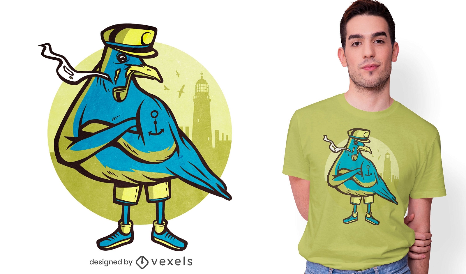 Sailor seagull with pipe character t-shirt design