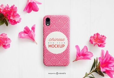 Composição de maquete de flores de capa de telefone chinesa