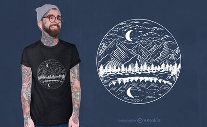 Design noturno de t-shirt com paisagem de montanha