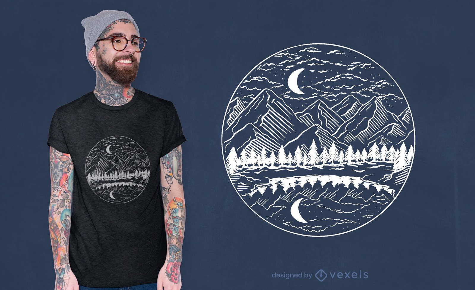 Diseño de camiseta de paisaje de montaña nocturna.