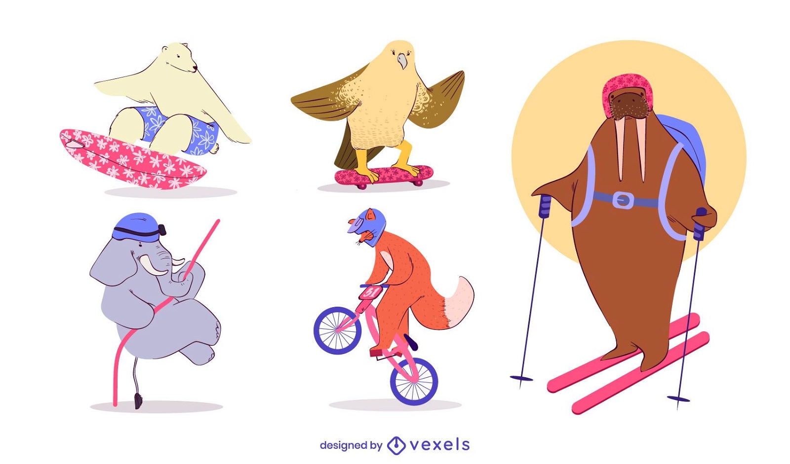Conjunto de caracteres de animales de deportes extremos.