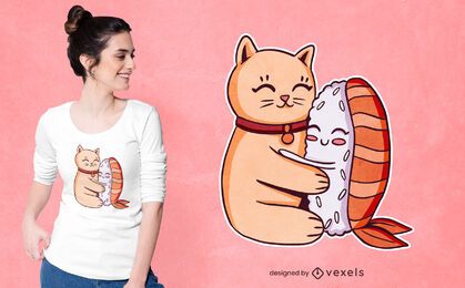 Design de camiseta com abraço de sushi de gato