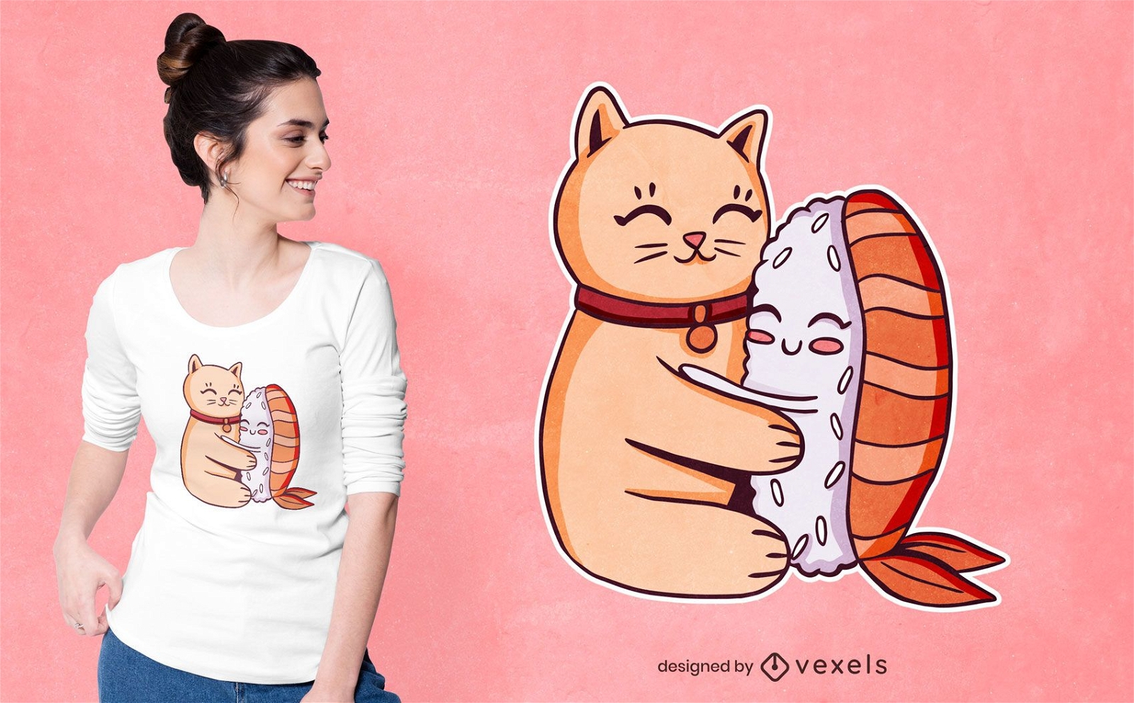 Design de camiseta com abra?o de sushi de gato