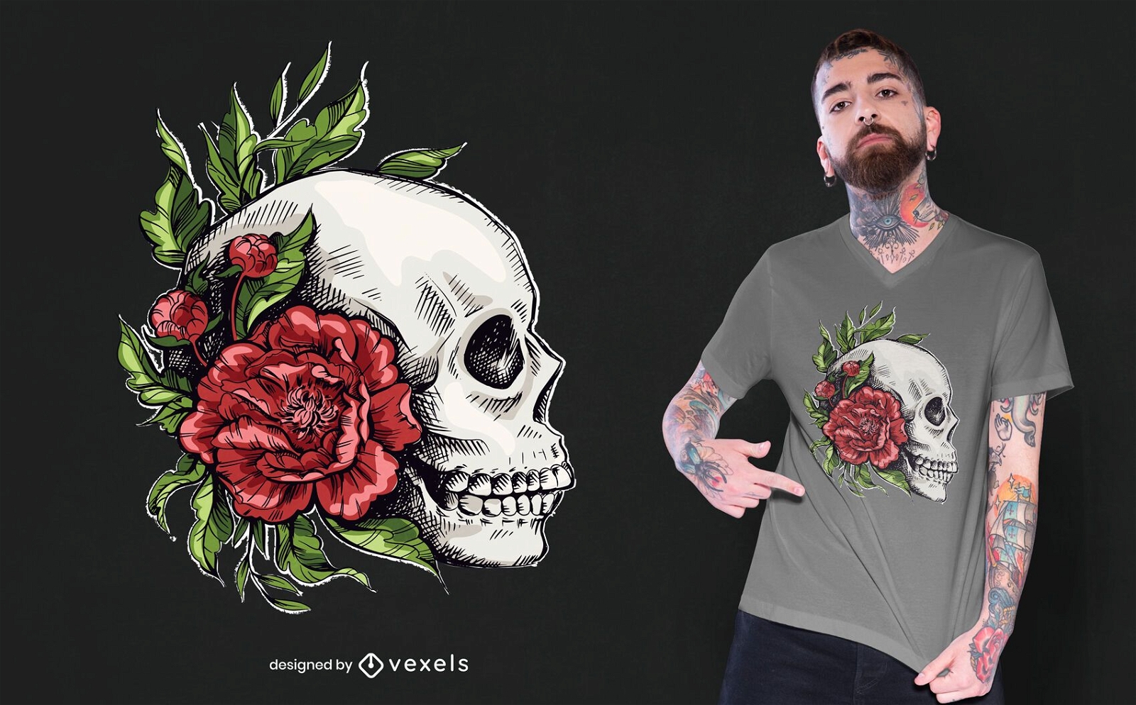 Design de camiseta com rosas de caveira