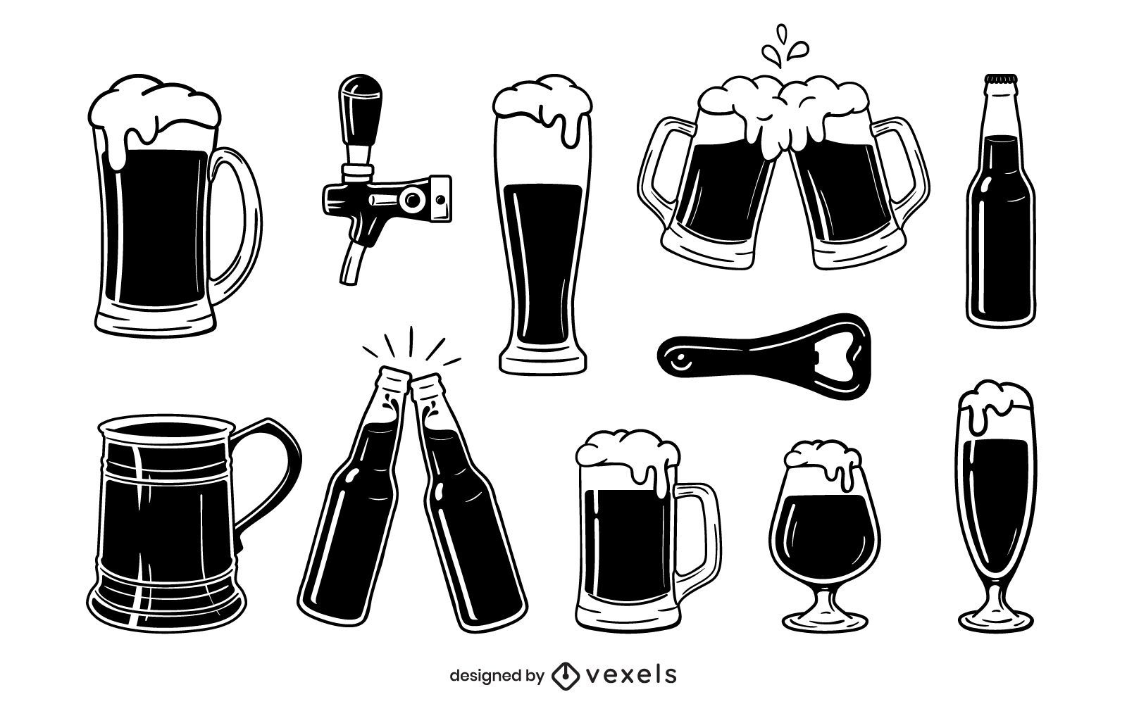 Diseño de conjunto de elementos de cerveza en blanco y negro