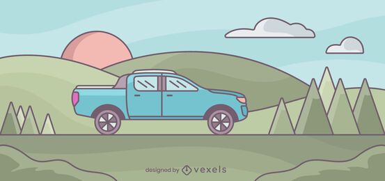 Ilustración de paisaje de camioneta pickup Ilustración de paisaje de camioneta pickup