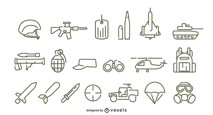 Diseño de conjunto de iconos de trazo de ejército Diseño de conjunto de iconos de trazo de ejército