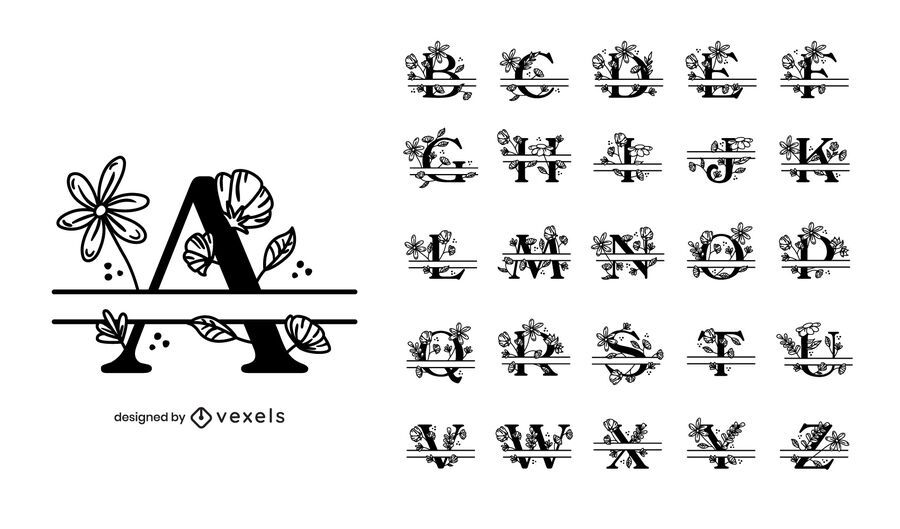 Floral split alphabet set design Floral split alphabet set design