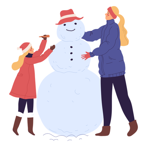 Personagens construindo ilustração de boneco de neve Desenho PNG